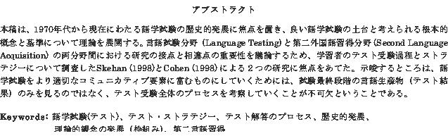 AuXgNg
{éA1970Nォ猻݂ɂ킽w̗jIWɏœ_uAǂw̓yƍl鍪{ITOƊɂė_WJB@ꎎ iLanguage TestingjƑOK (Second Language Acquisition) ̗Ԃɂ錤̐ړ_Ƒ_̏dvc_邽߁AwK҂̃eXg󌱉ߒƃXgeW[ɂĒSkehan (1998)Cohen (1998) ɂQ̌ɏœ_ĂBƂ́AwK؂ȃR~jJeBuvfɕxނ̂ɂĂ߂ɂ́AŏIiǨꐶYieXgʁĵ݂̂ł͂ȂAeXg󌱑Ŝ̃vZXl@ĂƂsƂƂłB

Keywords: w(eXg)AeXgEXgeW[AeXg𓚂̃vZXAjIWA
_IϔO̔Wigg݁jA񌾌K

